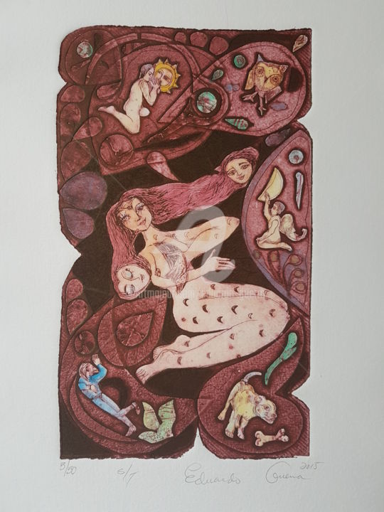 印花与版画 标题为“Femme, Soleil & Lune” 由Eduardo Guerra, 原创艺术品, 雕刻 安装在纸板上