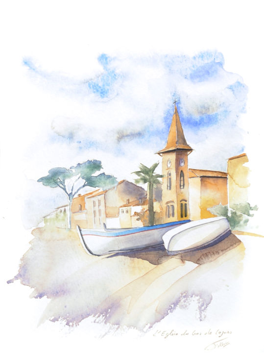 Peinture intitulée "L'Eglise du Cros de…" par Olivier Follin, Œuvre d'art originale, Aquarelle
