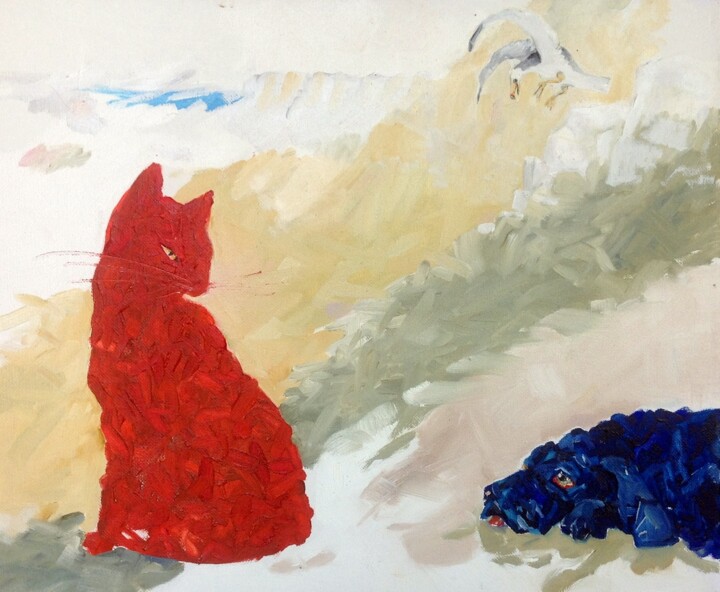 Cat, Dog and Seagull 绘画, 14.6x18.5 in