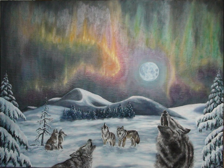N° 318 LES LOUPS et L'AURORE BORÉALE 绘画, 18.1x24 in
