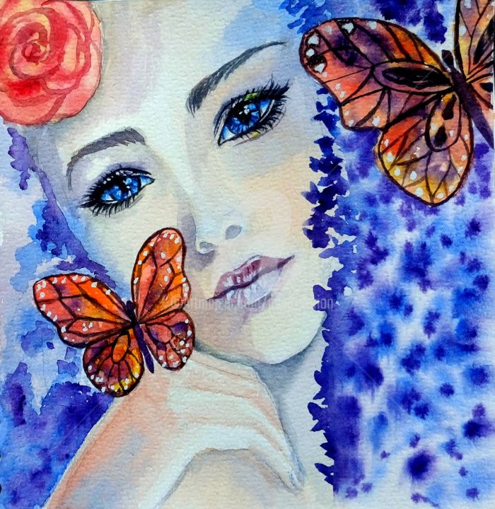 Painting titled "Printemps bleu" by Anne D'Orion, Original Artwork, Watercolor
