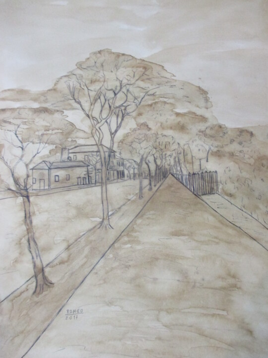 Desenho intitulada "UMA RUA ARBORIZADA" por Romeo Zanchett, Obras de arte originais, Outro