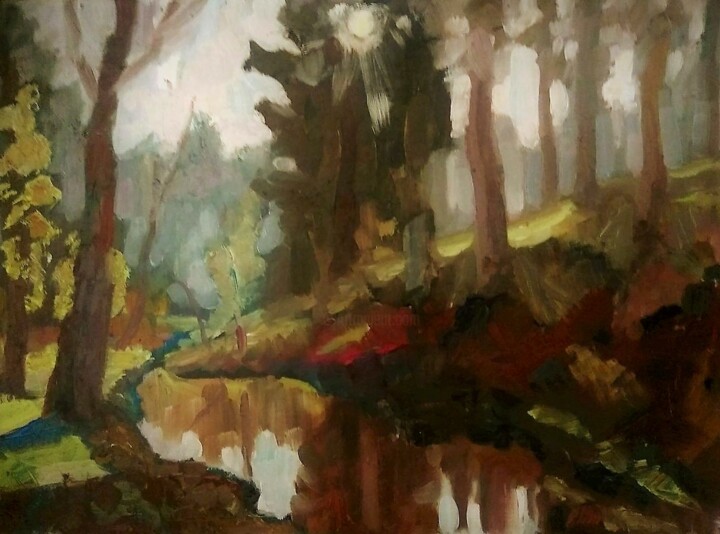 Painting titled "The Skhodnya river…" by Nina Silaeva, Original Artwork, Oil Mounted on Wood Stretcher frame