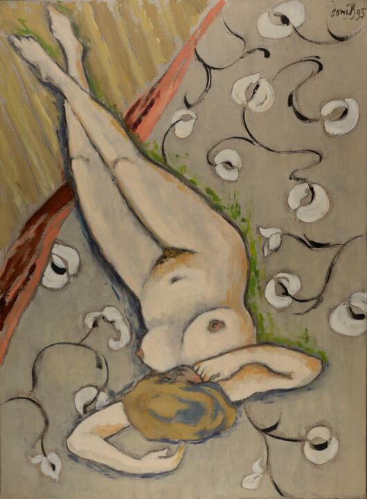 Peinture intitulée "Nu (Fleurs Blanches)" par Dominique Bertrand, Œuvre d'art originale, Huile