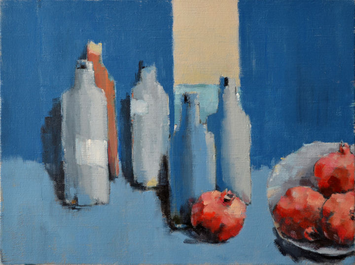 Painting titled "bottles & pomegrana…" by Rogin Viacheslav (Bashlyk), Original Artwork, Oil