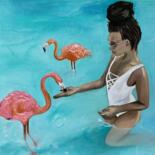 「Girl with flamingos」というタイトルの絵画 Mariia Fedorovaによって, オリジナルのアートワーク, オイル ウッドパネルにマウント