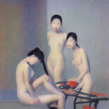 Painting titled "Three Models retro 2" by Michael Cheung, Original Artwork, Acrylic Mounted on Wood Stretcher frame