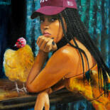 Painting titled "Roule ma poule!" by Aurélie Quentin, Original Artwork, Oil Mounted on Wood Stretcher frame