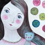 Painting titled "Muchacha con gato" by Mora Castela, Original Artwork, Watercolor