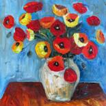 Painting titled "Vase with poppy flo…" by Irina Anis, Original Artwork, Oil Mounted on Wood Stretcher frame