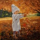 Painting titled "Dance of autumn lea…" by Gunta Medniece, Original Artwork, Oil Mounted on Wood Stretcher frame